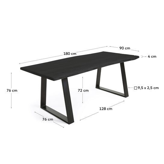 Mesa Alaia de madera maciza de acacia negro y patas de acero negro 180 x 90 cm