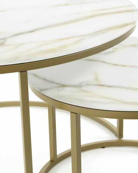 Set Leonor de 2 mesas auxiliares de cristal blanco y acero acabado dorado Ø 80 cm/Ø 50 cm