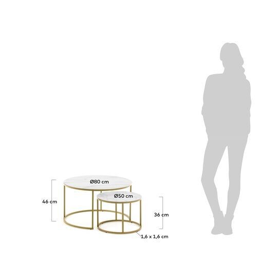 Set Leonor de 2 mesas auxiliares de cristal blanco y acero acabado dorado Ø 80 cm/Ø 50 cm