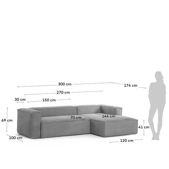 Sofá Blok 3 plazas chaise longue derecho pana gruesa gris 300 cm