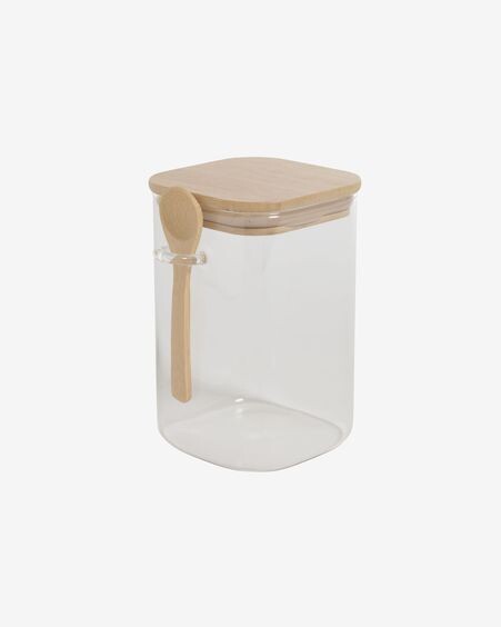 Bote grande Ilaria con cuchara de vidrio transparente y madera de bambú