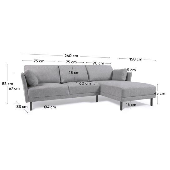Sofá Gilma 3 plazas con chaise longue derecho/izquierdo gris claro y patas negro 260 cm
