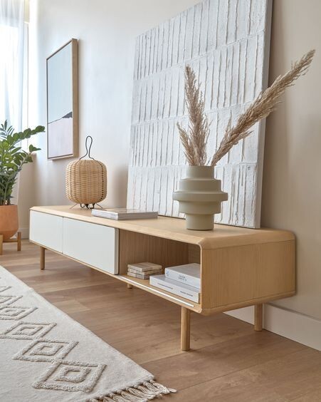 Mueble TV Anielle 2 puertas de madera maciza y chapa de fresno 180 x 41 cm