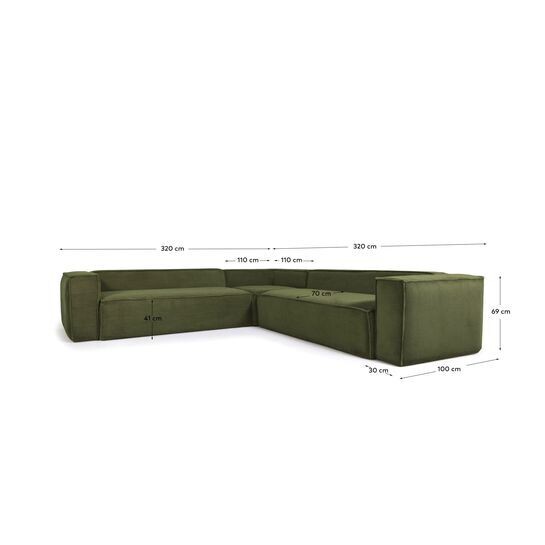 Sofá rinconero Blok 6 plazas pana gruesa verde 320 x 320 cm