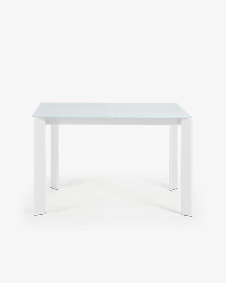 Mesa extensible Axis de cristal blanco y patas de acero acabado blanco 120 (180) cm