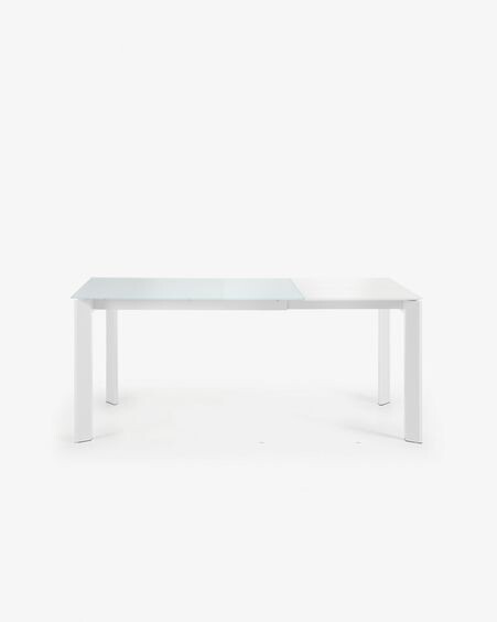 Mesa extensible Axis de cristal blanco y patas de acero acabado blanco 120 (180) cm