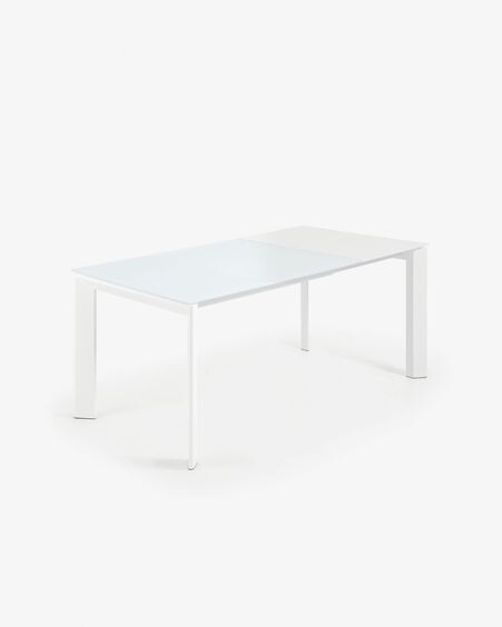 Mesa extensible Axis de cristal blanco y patas de acero acabado blanco 120 (180) cm