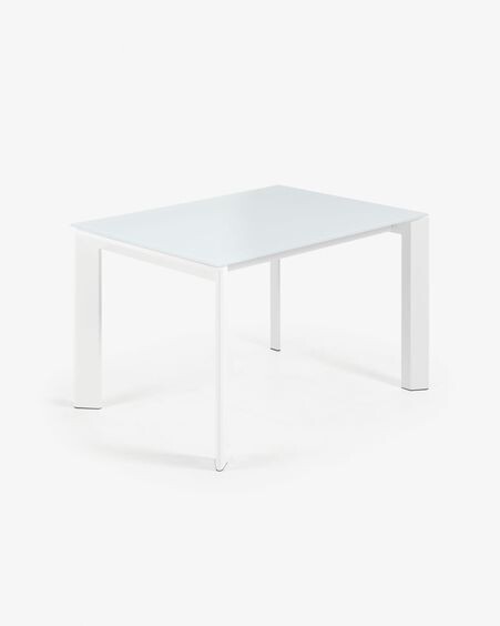 Mesa extensible Axis de cristal blanco y patas de acero acabado blanco 120 (180) cm