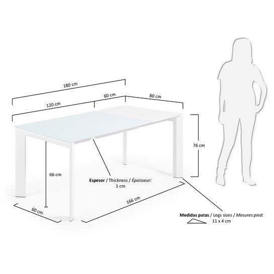 Mesa extensible Axis de cristal blanco y patas de acero acabado blanco 120 (180) cm