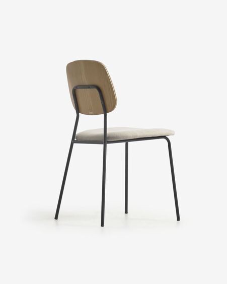 Silla Benilda beige, chapa de roble y acero con acabado negro