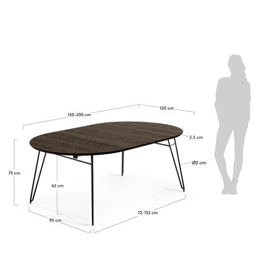 Mesa extensible redonda Milian Ø 120 (200) cm chapa de fresno patas de acero acabado negro