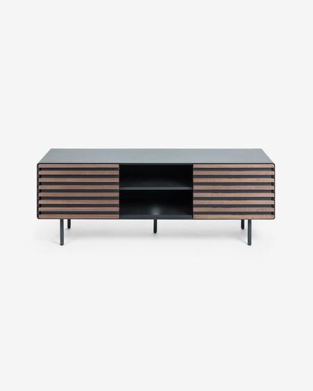 Mueble TV Kesia de chapa de nogal lacado negro y acero acabado negro 162 x 58 cm