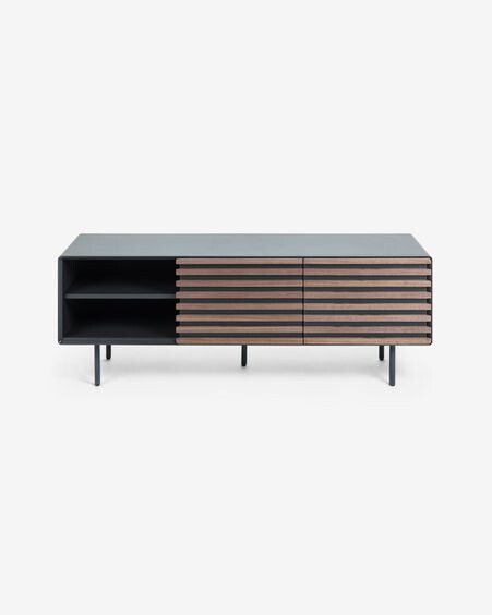 Mueble TV Kesia de chapa de nogal lacado negro y acero acabado negro 162 x 58 cm