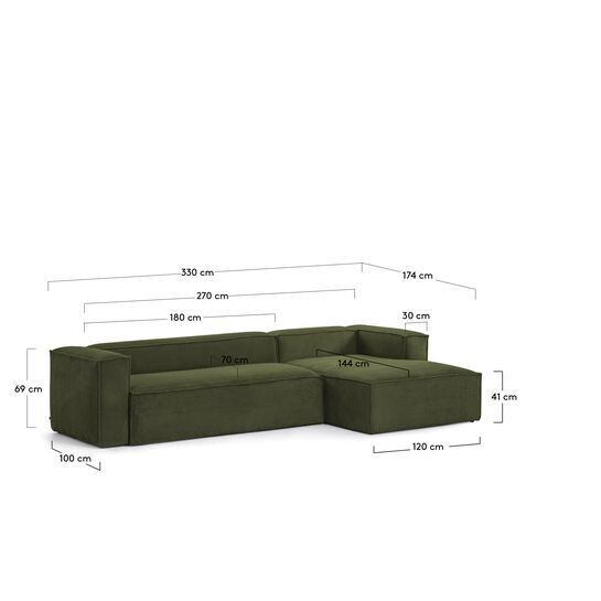 Sofá Blok 4 plazas chaise longue derecho pana gruesa verde 330 cm