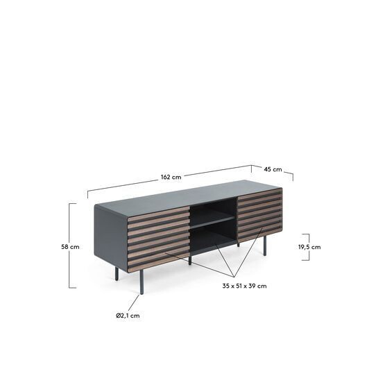 Mueble TV Kesia de chapa de nogal lacado negro y acero acabado negro 162 x 58 cm
