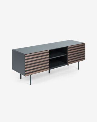 Mueble TV Kesia de chapa de nogal lacado negro y acero acabado negro 162 x 58 cm