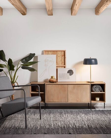Mueble TV Palmia de madera maciza de mango y acero acabado negro 160 x 56 cm