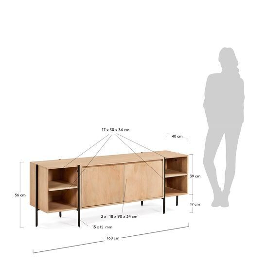 Mueble TV Palmia de madera maciza de mango y acero acabado negro 160 x 56 cm