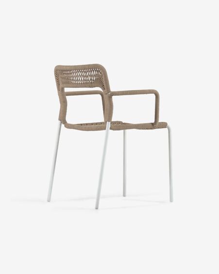 Silla Cailin de cuerda beige y patas de acero galvanizado pintado en blanco
