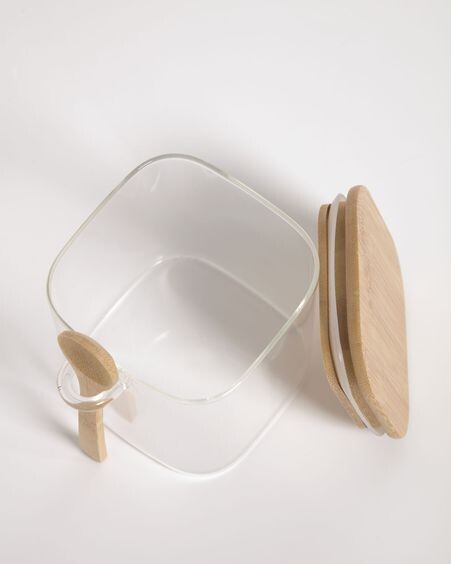 Bote pequeño Ilaria con cuchara de vidrio transparente y madera de bambú