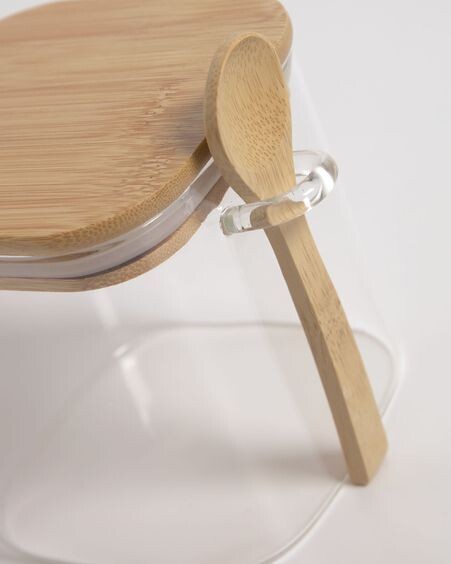 Bote pequeño Ilaria con cuchara de vidrio transparente y madera de bambú