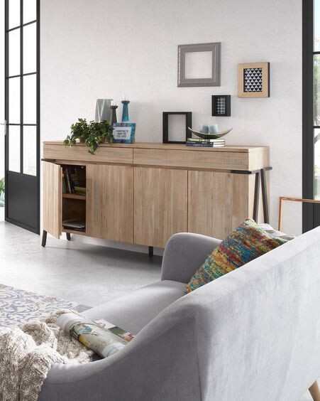 Aparador Thinh de madera maciza de acacia y patas de acero con acabado negro 184 x 98 cm