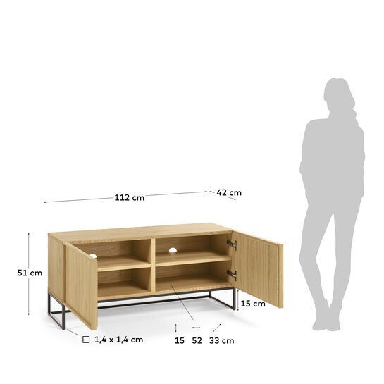 Mueble TV Taiana 2 puertas de chapa de roble y acero acabado negro 112 x 51 cm