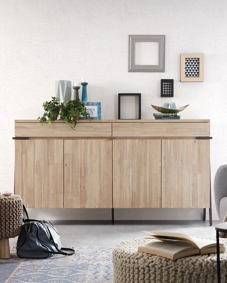 Aparador Thinh de madera maciza de acacia y patas de acero con acabado negro 184 x 98 cm