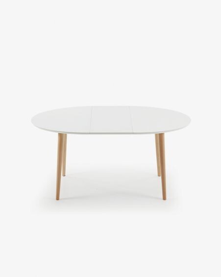 Mesa extensible oval Oqui MDF lacado blanco y patas madera maciza haya 120 (200) x 90 cm