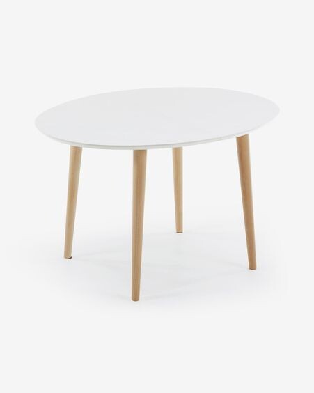 Mesa extensible oval Oqui MDF lacado blanco y patas madera maciza haya 120 (200) x 90 cm