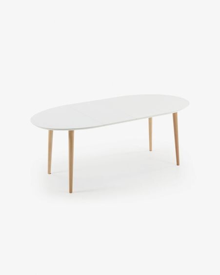 Mesa extensible oval Oqui MDF lacado blanco y patas madera maciza haya 120 (200) x 90 cm