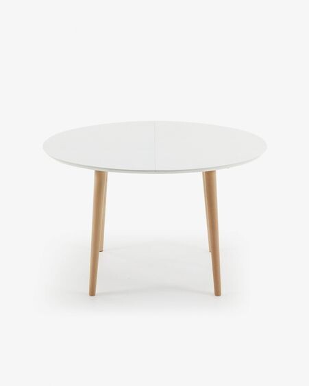 Mesa extensible oval Oqui MDF lacado blanco y patas madera maciza haya 120 (200) x 90 cm