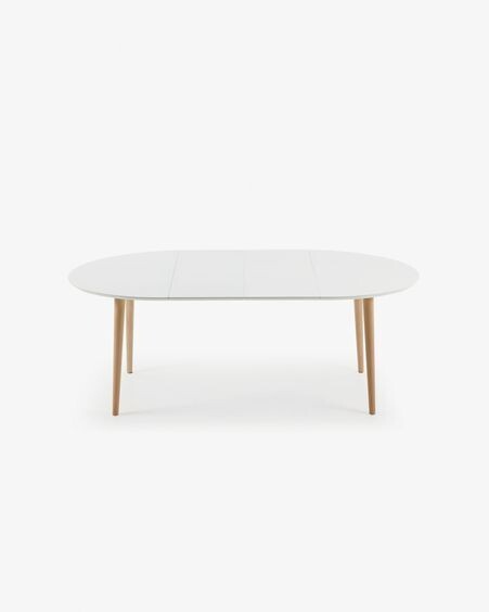 Mesa extensible oval Oqui MDF lacado blanco y patas madera maciza haya 120 (200) x 90 cm