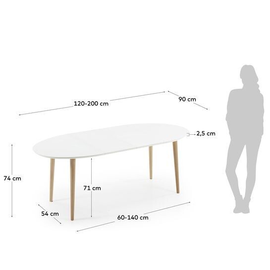 Mesa extensible oval Oqui MDF lacado blanco y patas madera maciza haya 120 (200) x 90 cm