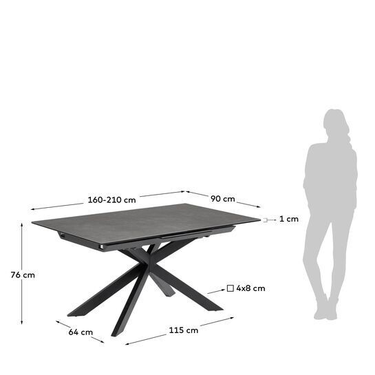 Mesa extensible Atminda 160 (210) x 90 cm porcelánico patas acero acabado negro