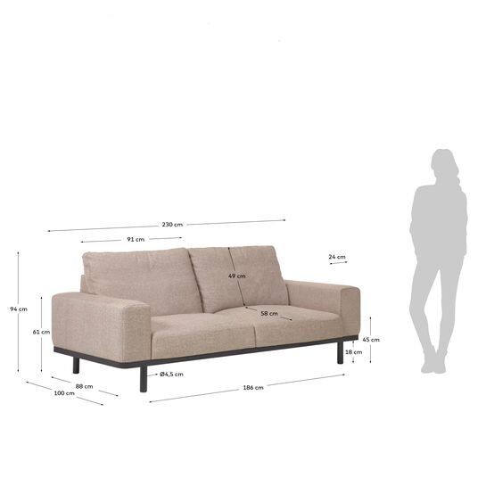 Sofá Noa 3 plazas beige con patas acabado oscuro 230 cm