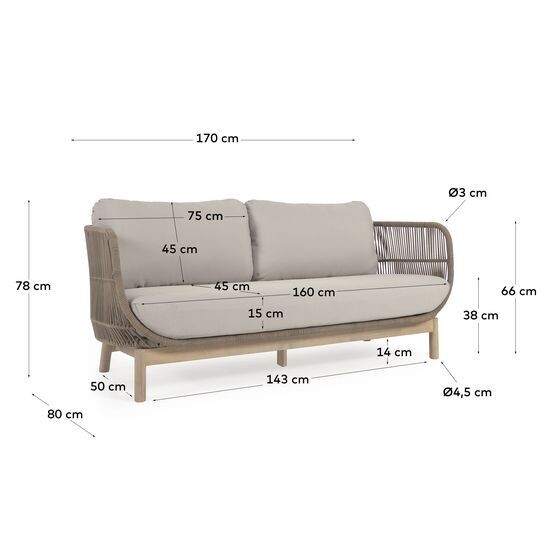 Sofá Catalina 3 plazas de cuerda beige y madera maciza de acacia 170 cm FSC