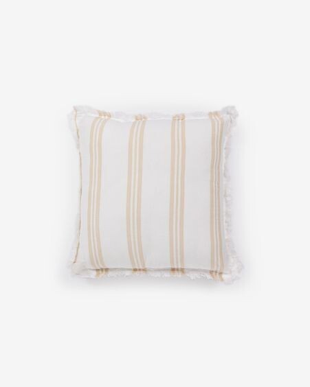 Funda de cojín Dawa de algodón y lino con rayas blanco y beige 45 x 45 cm
