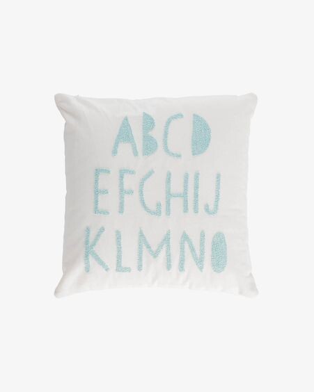 Funda cojín Keila 100% algodón blanco abecedario azul 45 x 45 cm