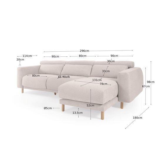 Sofá Singa 3 plazas con chaise longue derecho blanco 296 cm