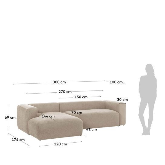 Sofá Blok 3 plazas chaise longue izquierdo beige 300 cm