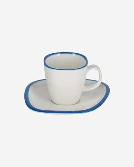Taza con plato Odalin de porcelana blanco y azul