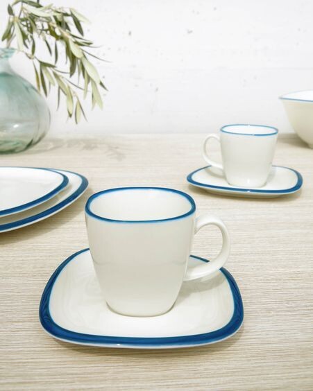 Taza con plato Odalin de porcelana blanco y azul