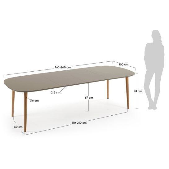 Mesa extensible Oqui MDF lacado marrón y patas madera maciza haya 160 (260) x 100 cm