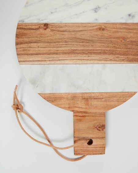 Tabla de servir redonda Tresa madera maciza mango y mármol blanco