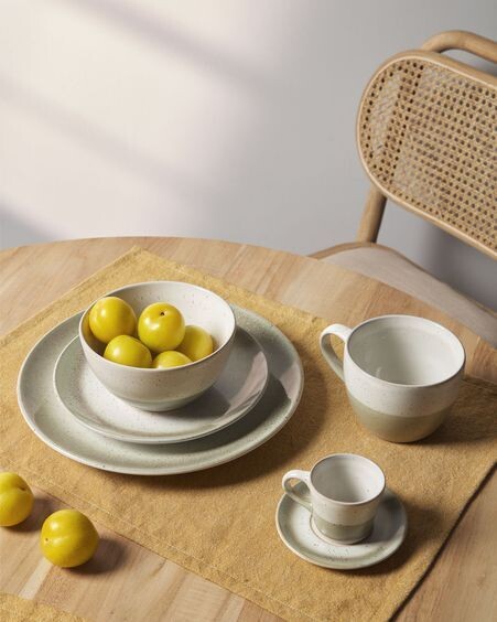 Taza de café con plato Elida de cerámica beige y verde