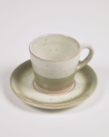 Taza de café con plato Elida de cerámica beige y verde