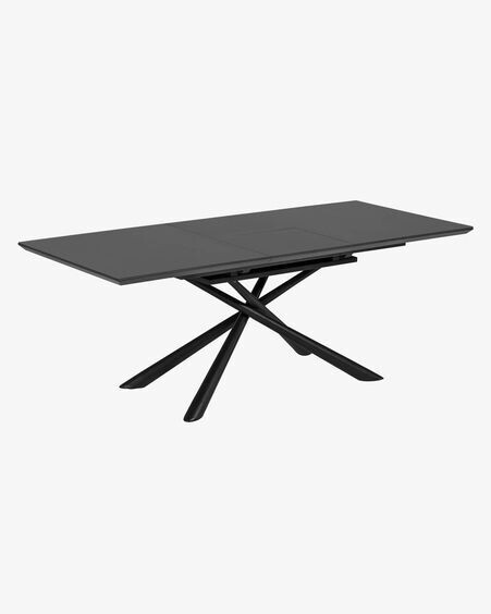 Mesa extensible Theone de cristal y patas de acero acabado negro 160 (210) x 90 cm