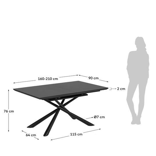 Mesa extensible Theone de cristal y patas de acero acabado negro 160 (210) x 90 cm