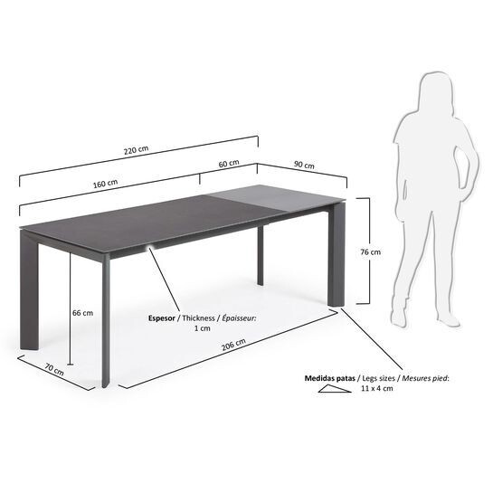 Mesa extensible Axis porcelánico acabado Vulcano Roca patas antracita 160 (220) cm